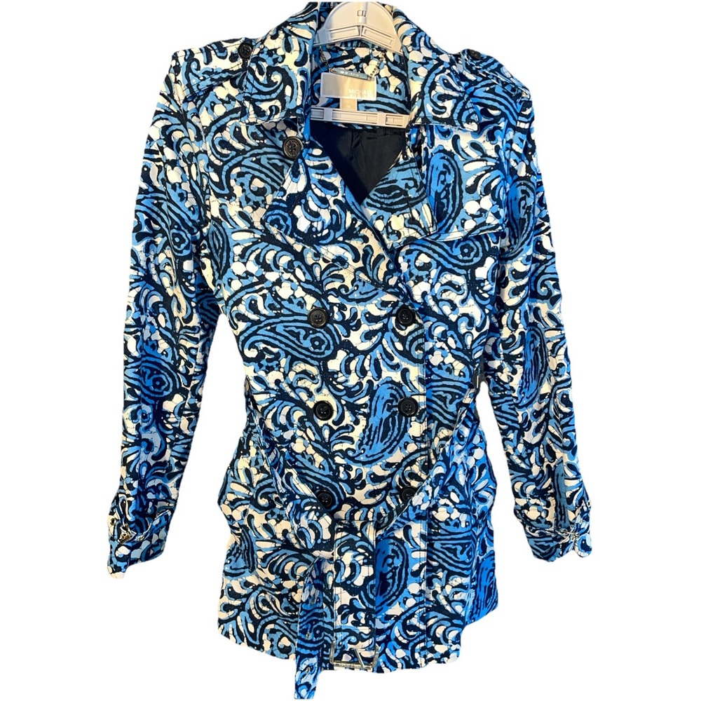 MICHAEL Kors Blue Paisley Belted Short Trench Coat Epaulets MS52H971PJ Medium